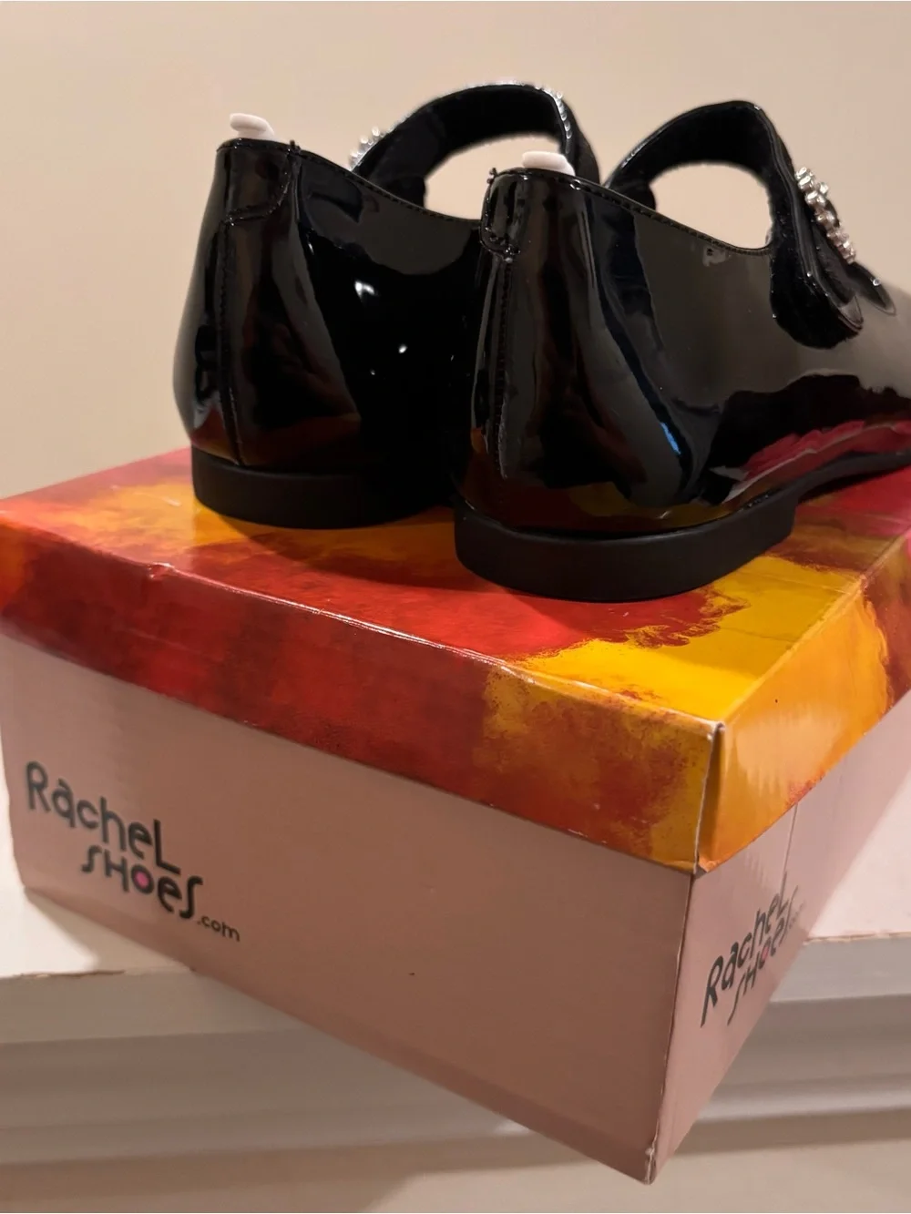 Rachel Shoes black patent leather Mary Jane flats with rhinestone buckle